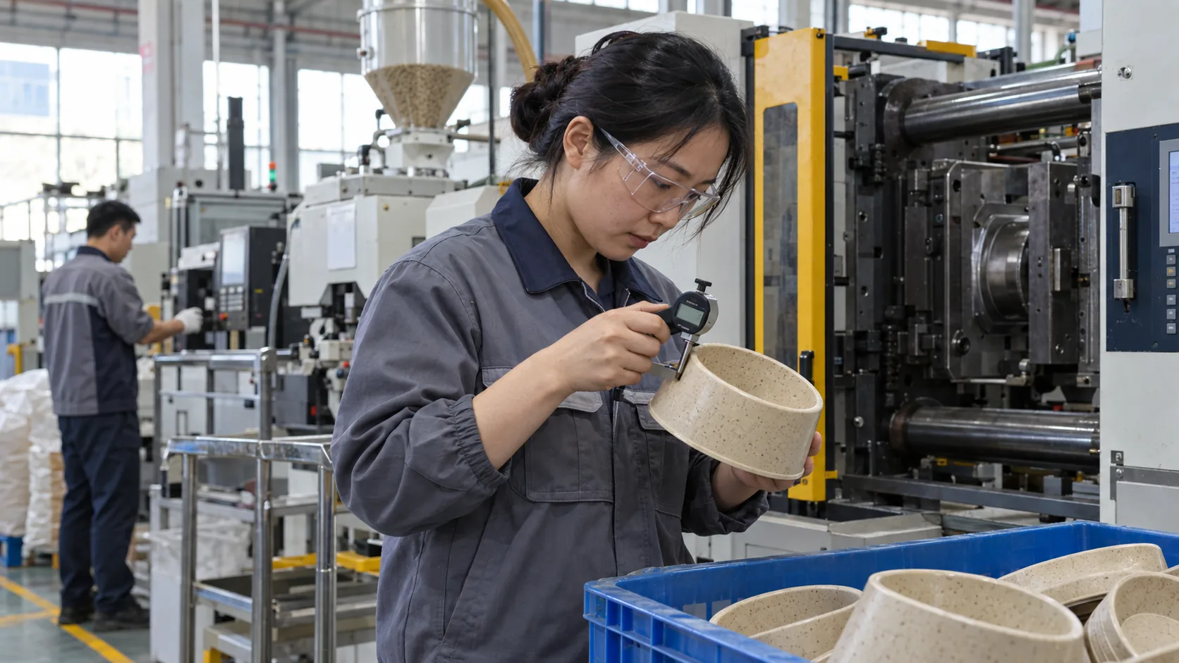 Chinese materials engineer inspecting a plant-fiber composite food bowl beside an injection molding line