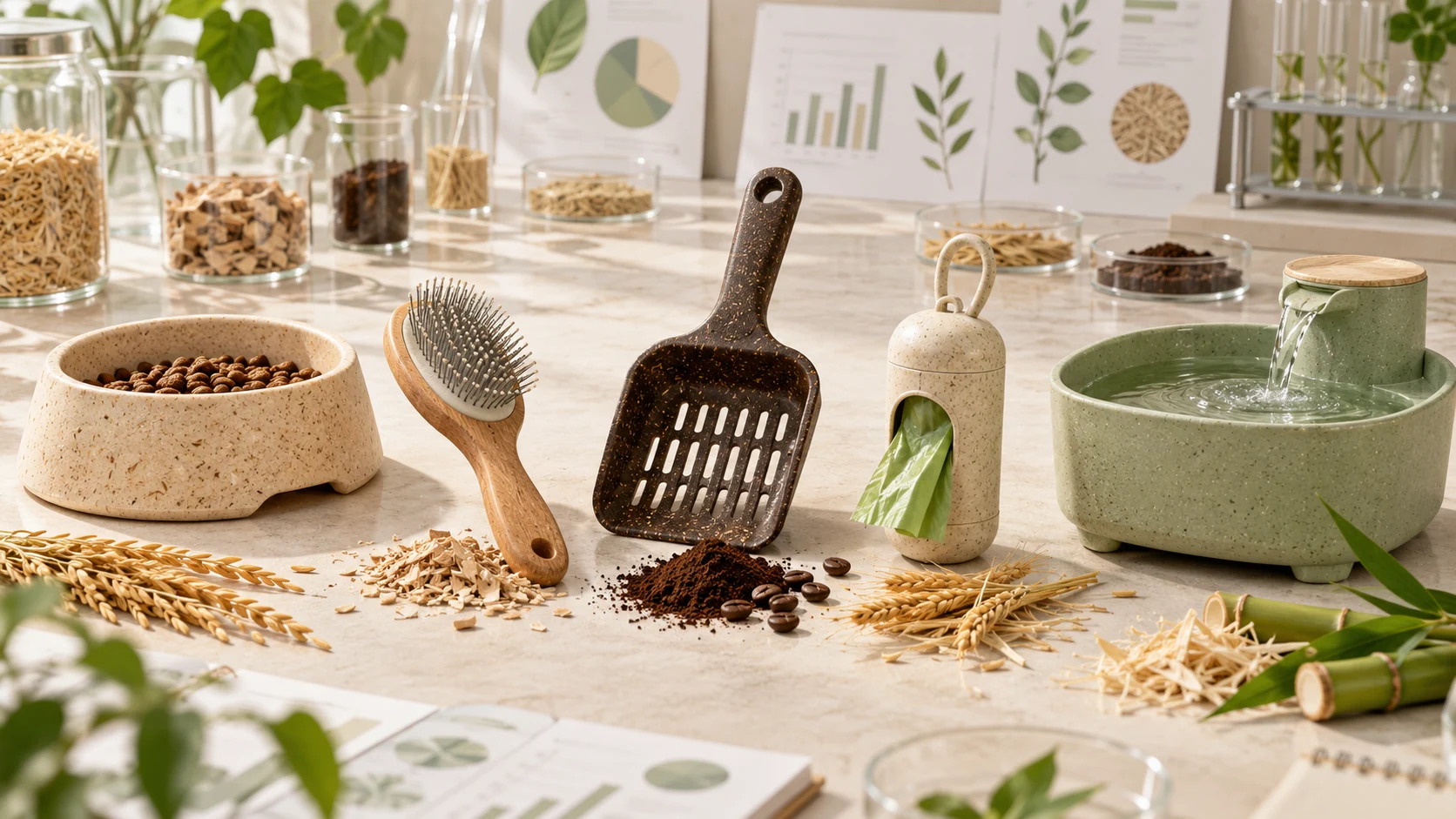 Plant-fiber pet products arranged in a materials research setting