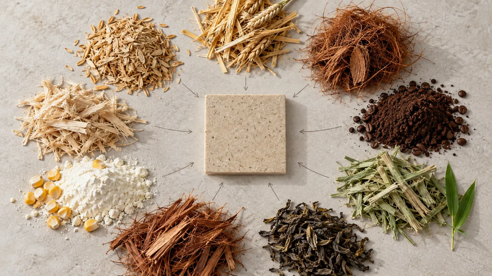 Nine plant sources arranged around and pointing toward a square plant-fiber PP composite panel