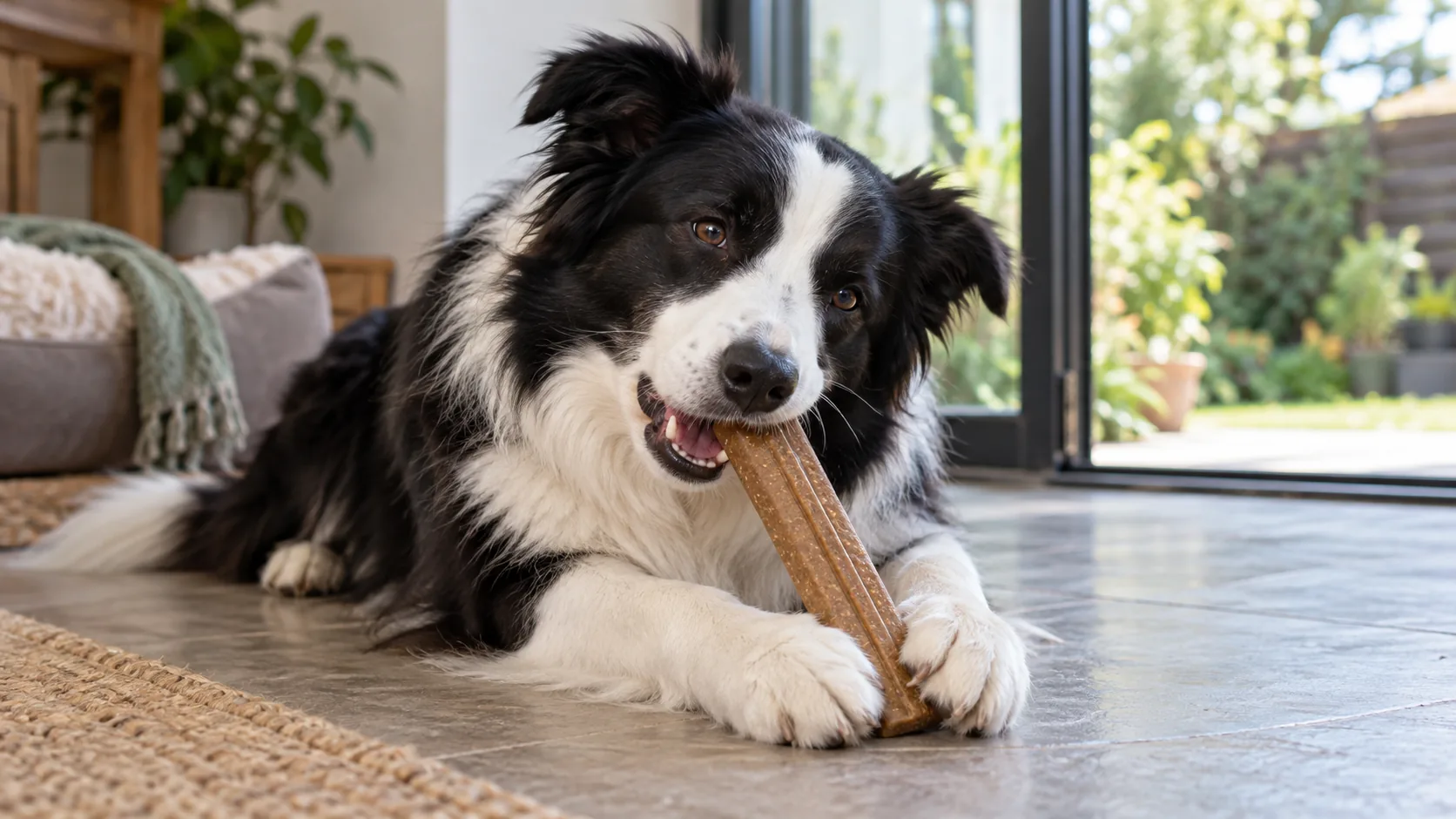 Border Collie lying down and chewing a molded wood-fiber composite pet chew stick