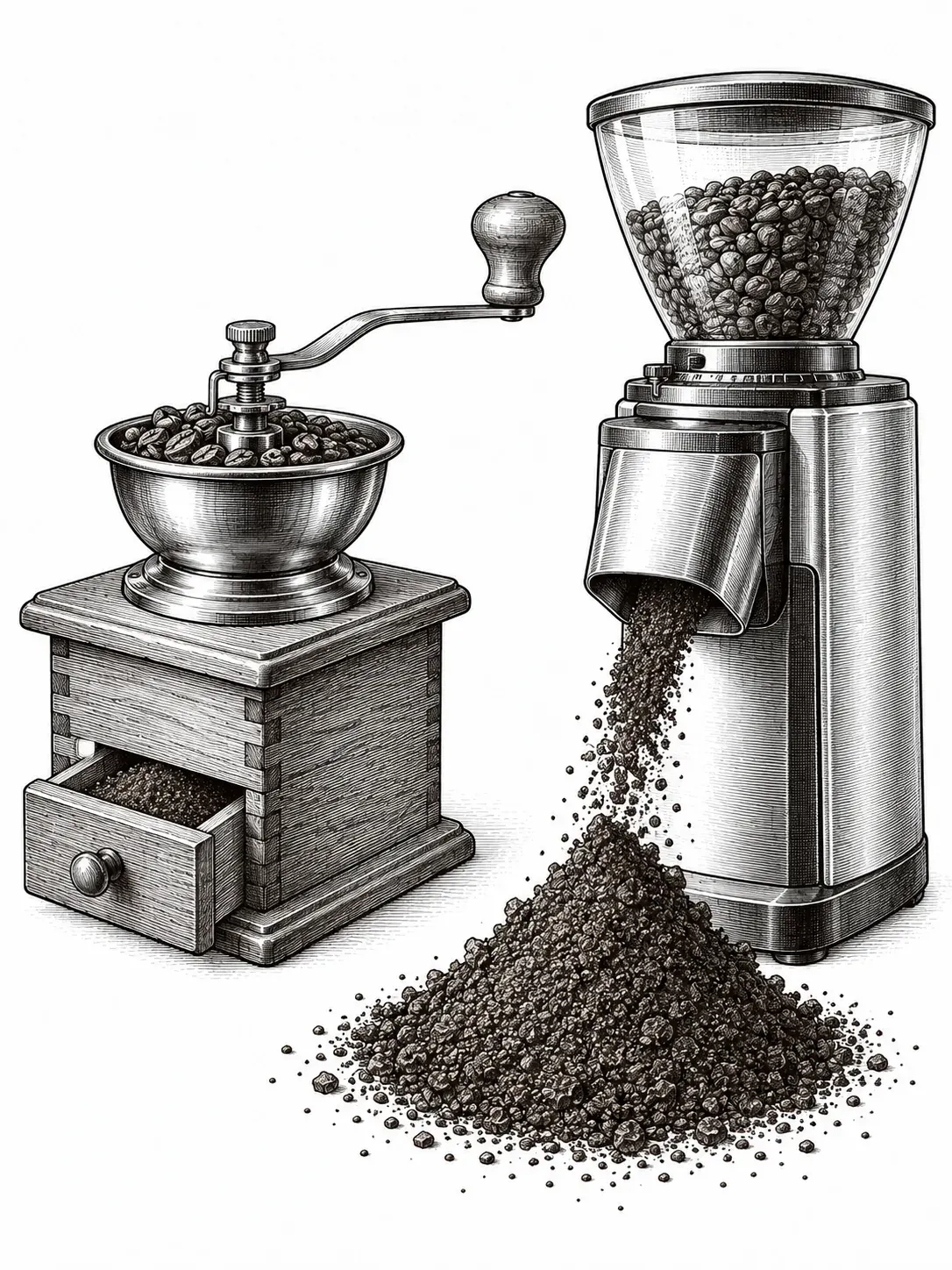 Illustration of coffee beans and spent coffee grounds