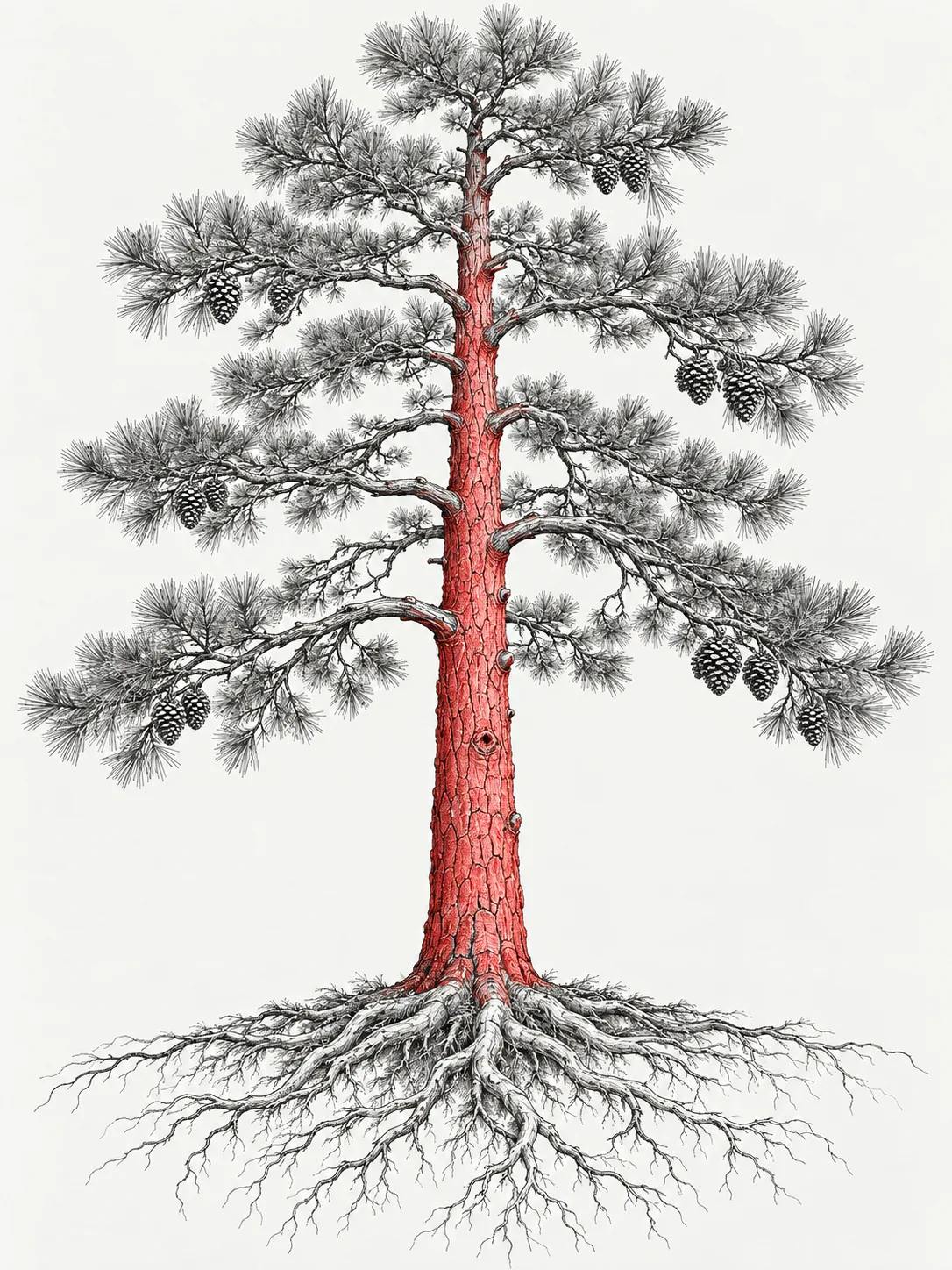 Botanical illustration highlighting the main tree trunk for coarse wood fiber