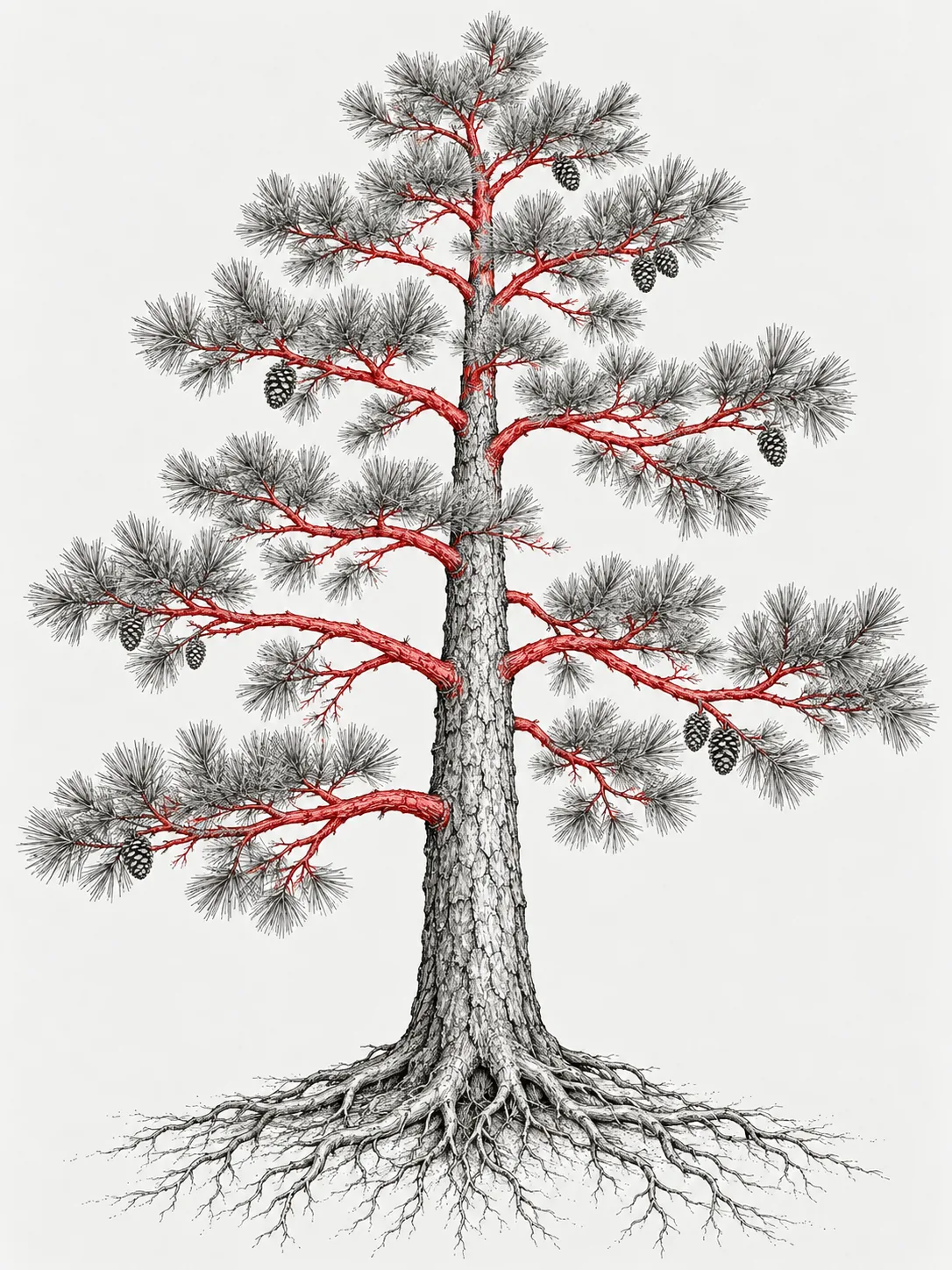 Botanical illustration highlighting tree branches for fine wood fiber