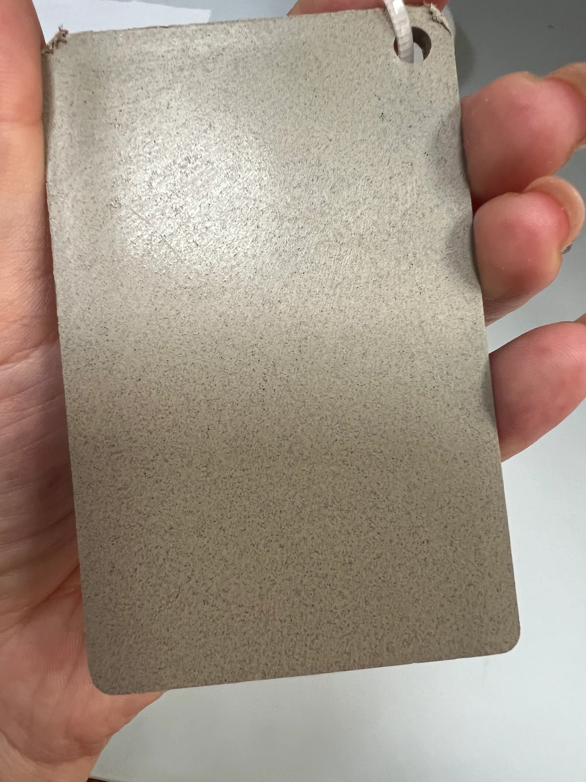 Hand-held molded P179-CZML tea-fiber PP surface sample showing fine botanical texture